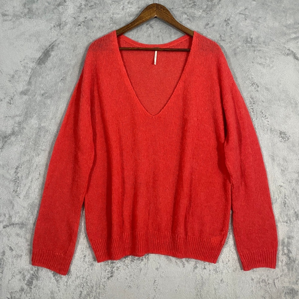 Free People Sweater Sz M Red Alpaca Wool Blend V-Neck Relaxed Slouchy Cozy Boho